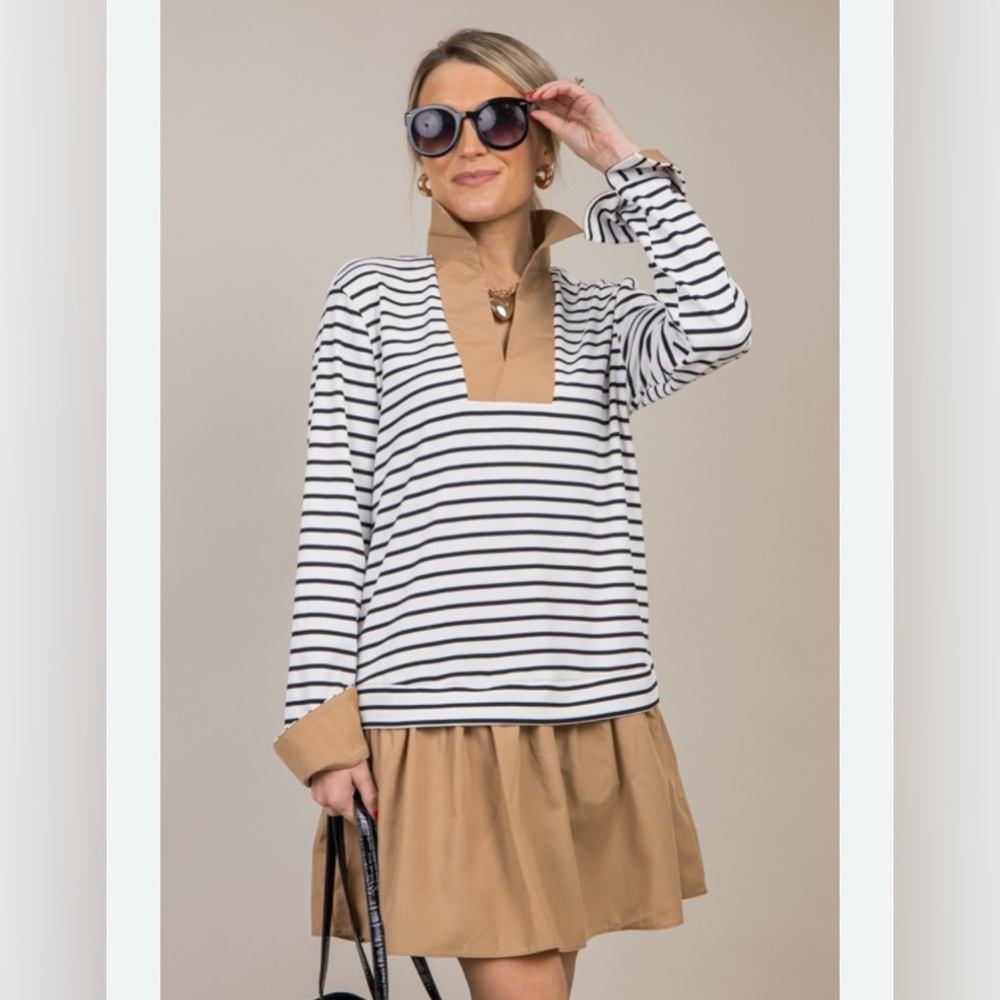 Striped Black and White Top with Tan Accents